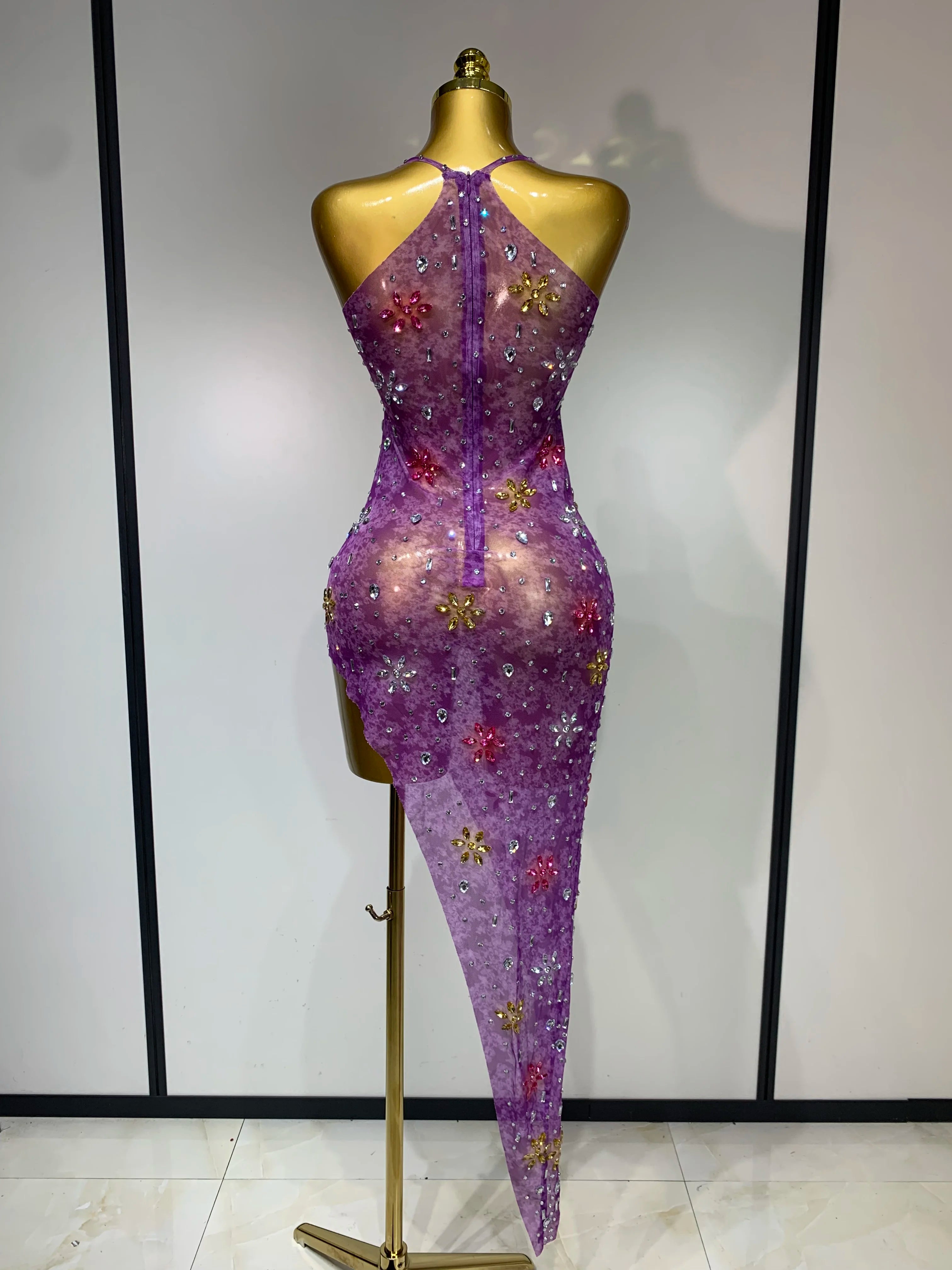 Women Sexy Mesh See Through Stretchy Sparkly Rhinestone Performance Costume Stage Dancer Nightclub Party Luxury Birthday Dress