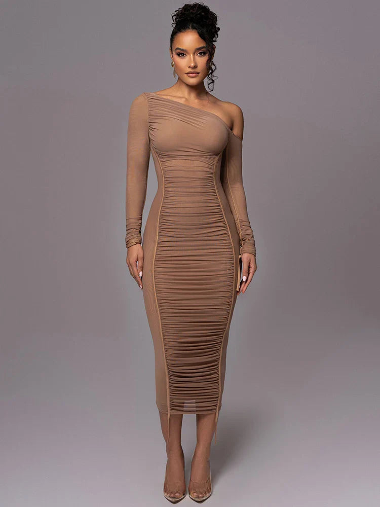 Diagonal Collar Long Sleeve Midi Dress For Women Two Layer Mesh Backless Ruched Bodycon Club Party Sexy Long Dress Brown