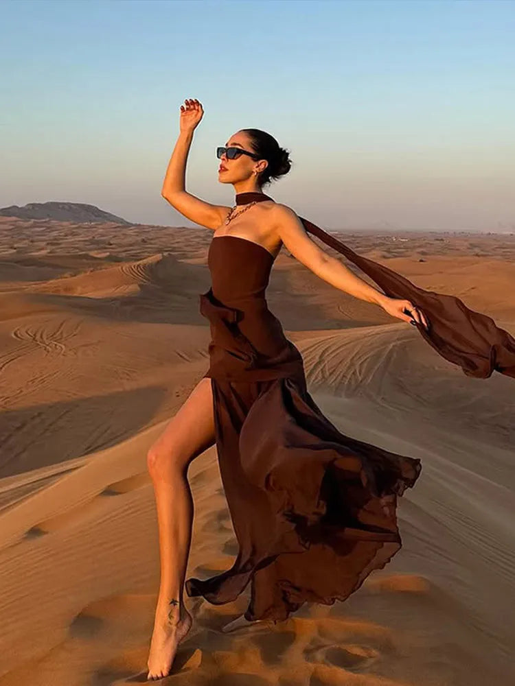 Elegant White Gauze Off Shoulder Long Dress Women Fashion Sleeveless Backless A-line Vestidos 2025 New Lady Vocation Beach Robes MULTI