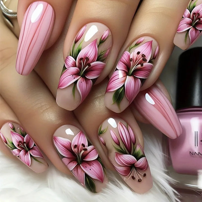 24Pcs Reusable Fake Nails Mid-length Ballet Press on False Nails with Flower Designs Fashion Pink Nails Set Detachable Nail Tips 01