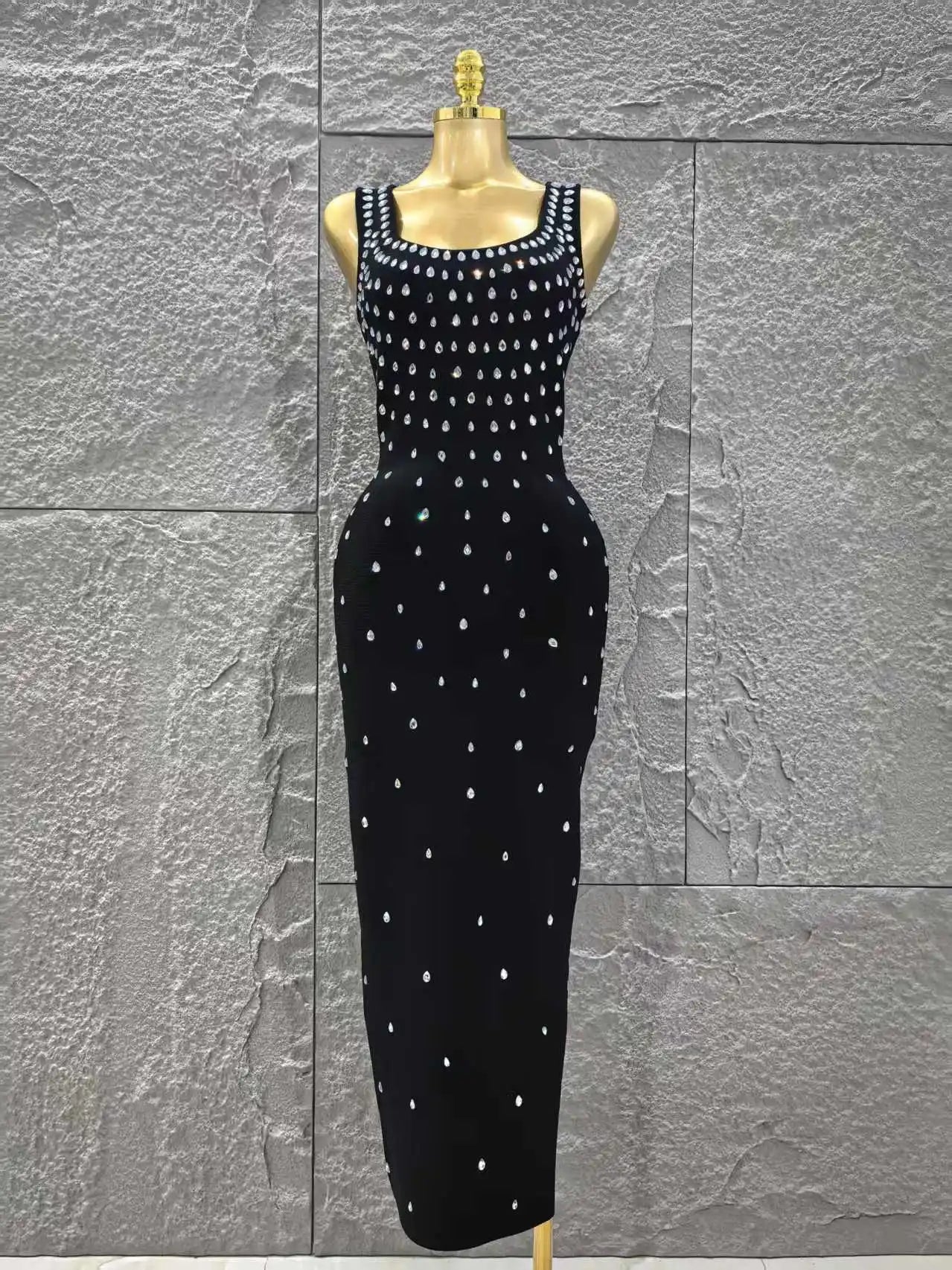 Women Sleeveless Sexy O-Neck Shinning Crystal Bodycon Long Bandage Dress Celebrity Red Carpet Evening Party Outfit black