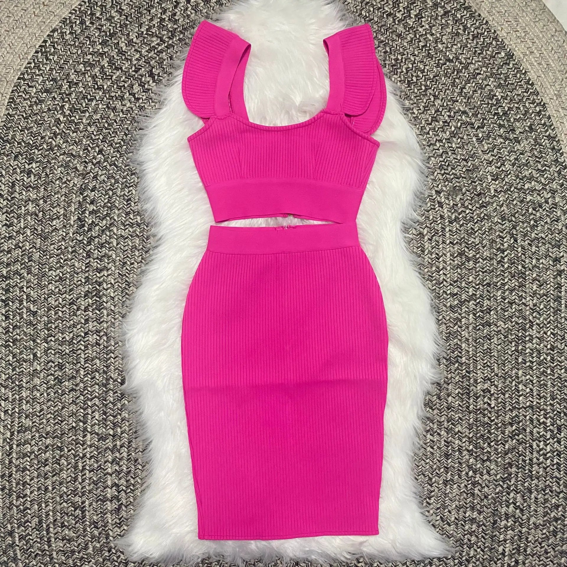 Celebrity Sexy Fashion Green Yellow Ruffles Bodycon Rayon Two Pieces Bandage Dress Two Pieces & Skirt Set