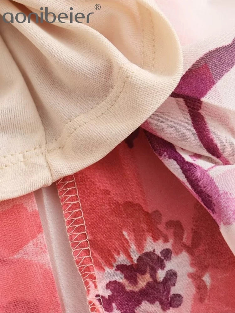 Aonibeier Summer Women Printed Suits Traf Wrist Sleeve V Neck Casual Shirt Female Pleated Maxi Long Skirt Sets Y2K Street