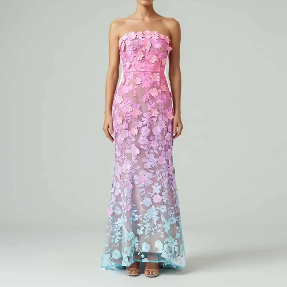 Colorblock Spliced Appliques Elegant Dresses for Women Strapless Sleeveless Gradient Dress Female Fashion Clothing GRADIENT