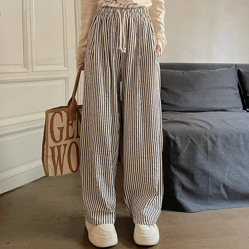 Spring Striped Straight Leg Pants Women Japan Style Full Length Drawstring Casual Versatile Office Lady Daily Trousers Female