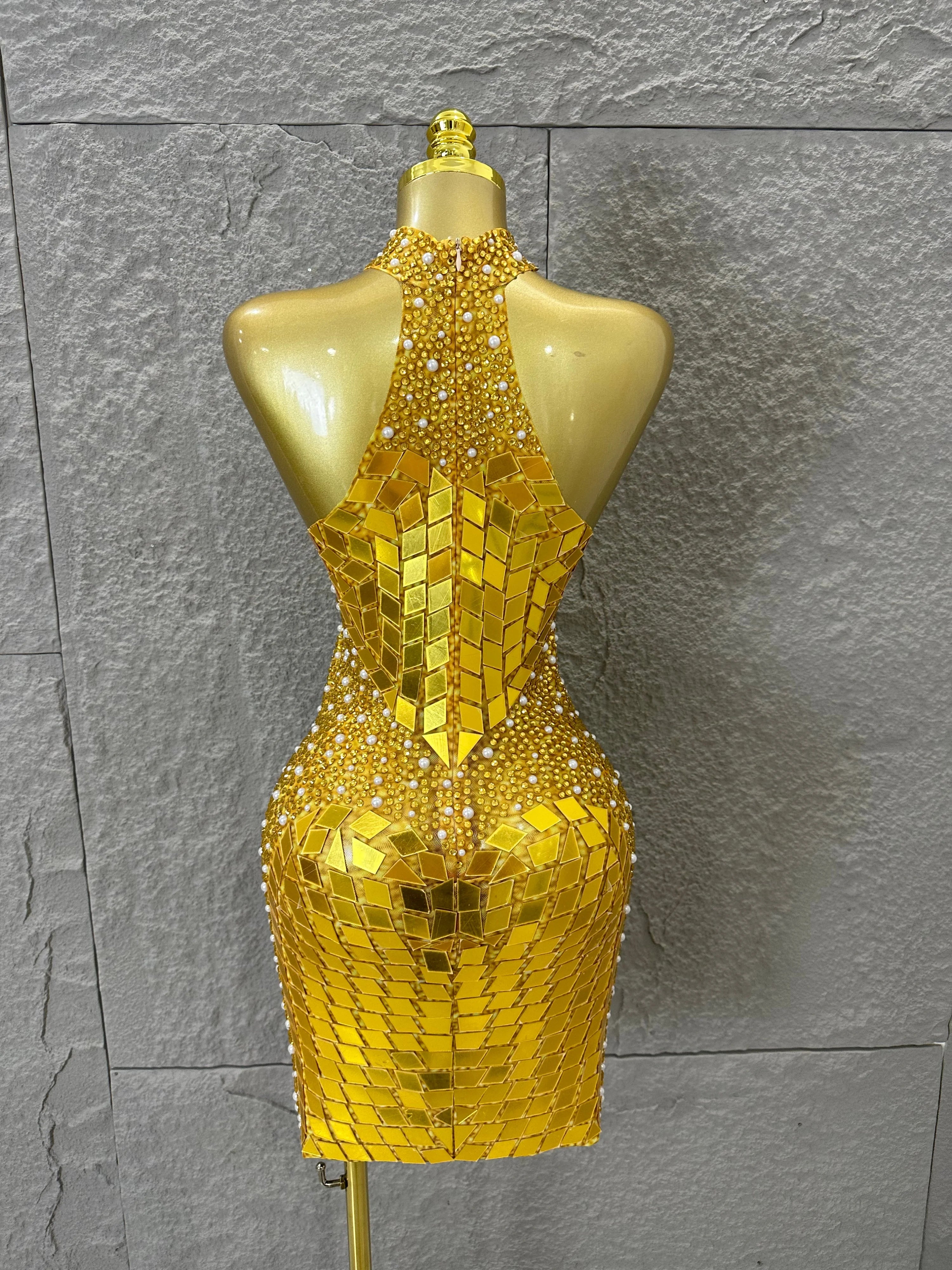 Luxury Gold Red Halter Neck Bandage Mini Dress Diamond Mirror Pearl Embellished Bodycon Formal Evening Gown