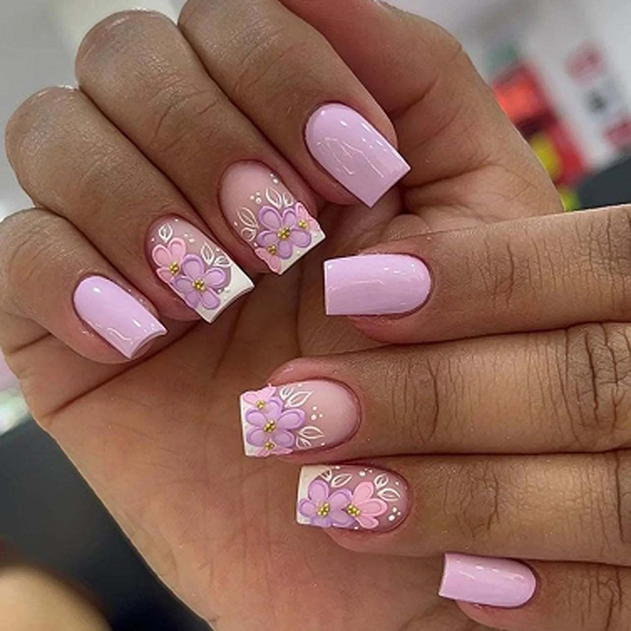 24pcs Short French Press on Nails with 3D Flower Design Fake Nail Tips Wearable Full Cover European Coffin Ballet Fake Nails 4