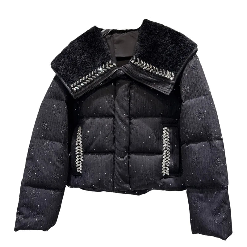 Winter New Sweet Fashion Fleece Sailor Collar Rhinestone Edge Heavy Cotton-padded Jacket For Women Warm Coat 11A07590