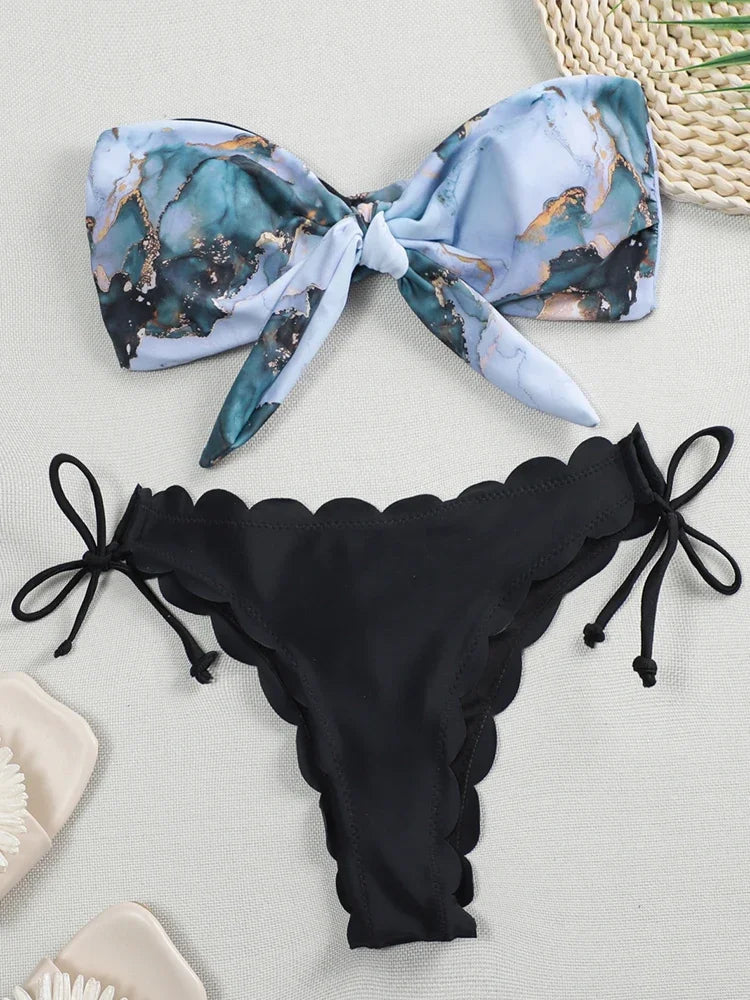 Sexy Scalloped Marble Print Bikini Women Bandeau Swimwear Female Swimsuit Two-pieces Bikini set Knotted Bather Bathing Suit Swim B582Marble