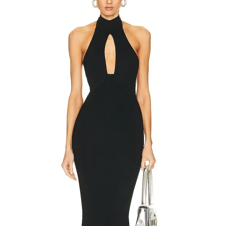 2025 Sexy Women Hanging Neck Sleeveless Bandage Dress Bodycon Off Back Knee Black Dress Celebrity Cocktail Evening Party Vestido