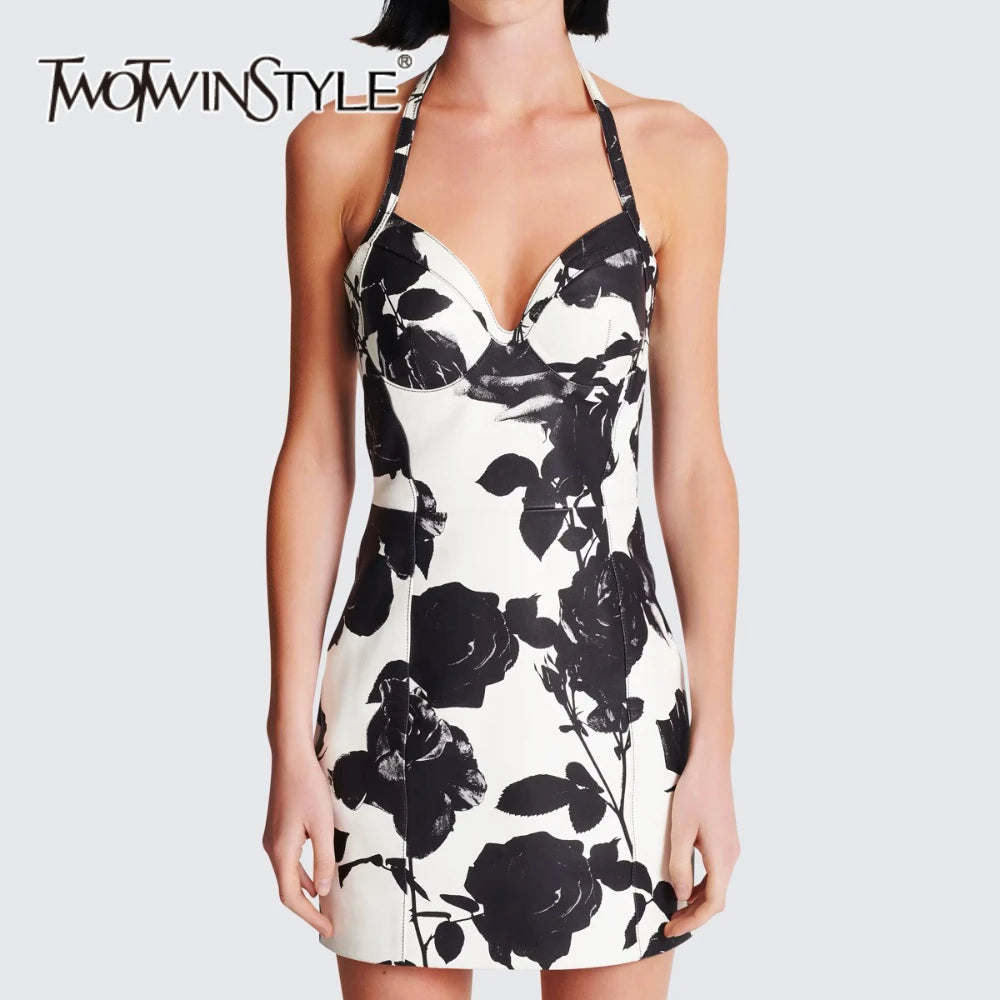 Hit Color Slimming Spliced Printing Dresses for Women Halter Neck Sleeveless Temperament Dress Female Fashion New