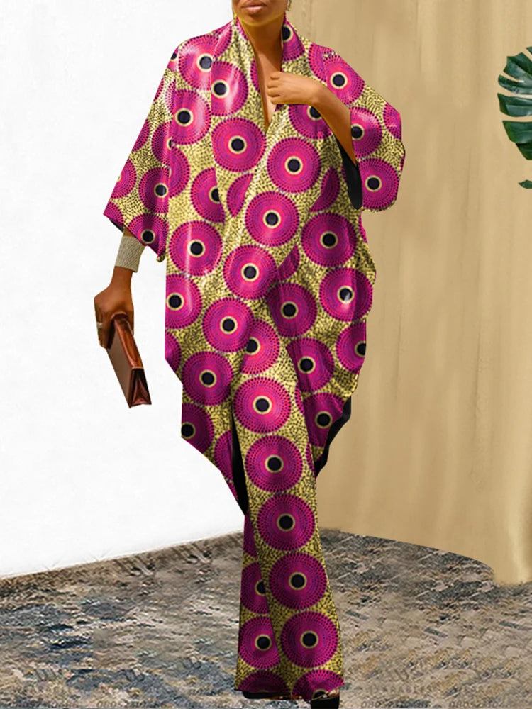 Plus Size 5XL VONDA Women Pants Sets Vintage 3/4 Sleeve Elastic Waist Tops+Trousers Casual Pleated Wide Leg Pants Elegant Suits Pink