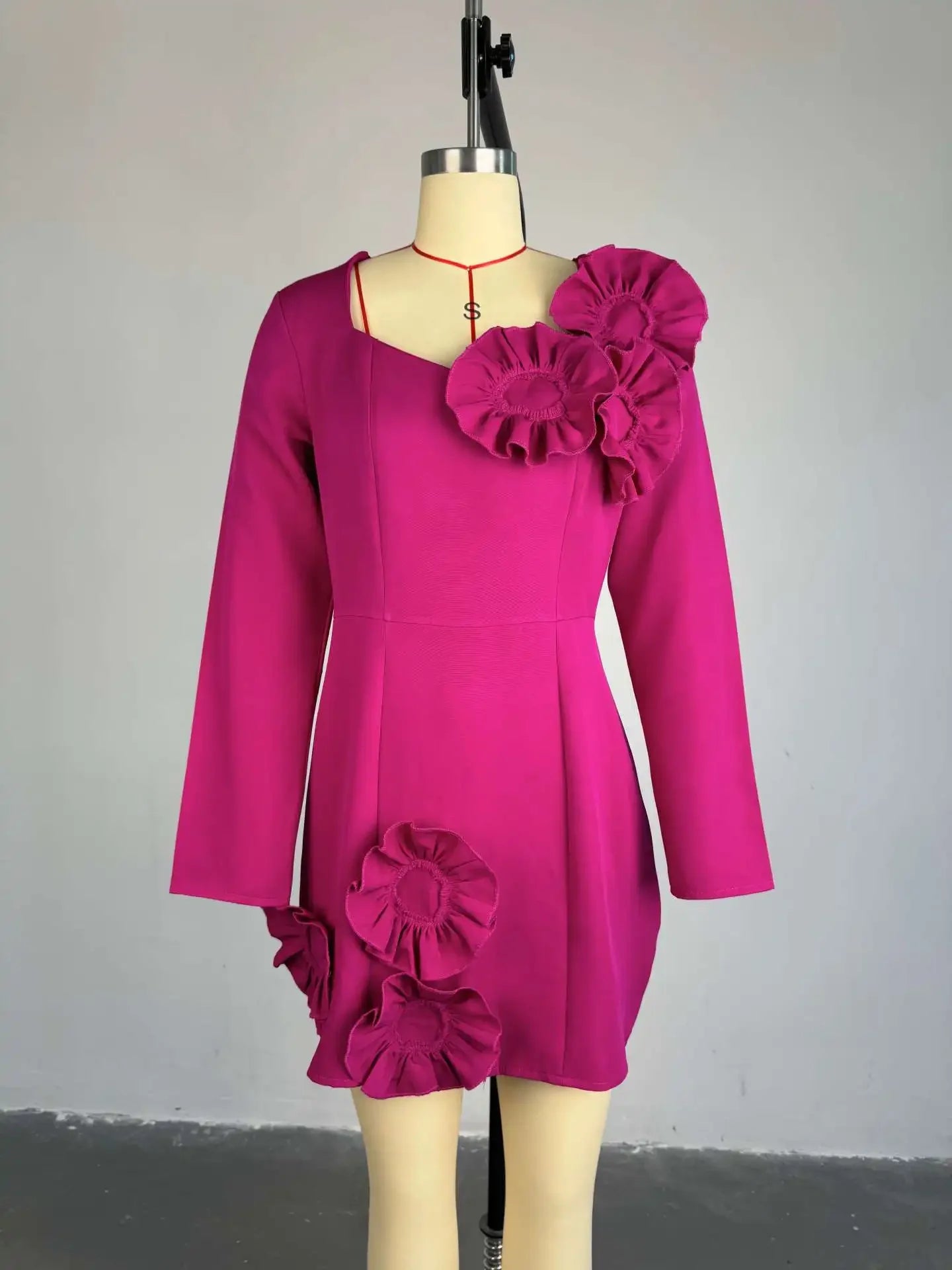 Women Strapless Mult 3D Flower Long Sleeve Bodycon Mini Dress Sexy Birthday Evening Night Party Club Vestidos Dresses