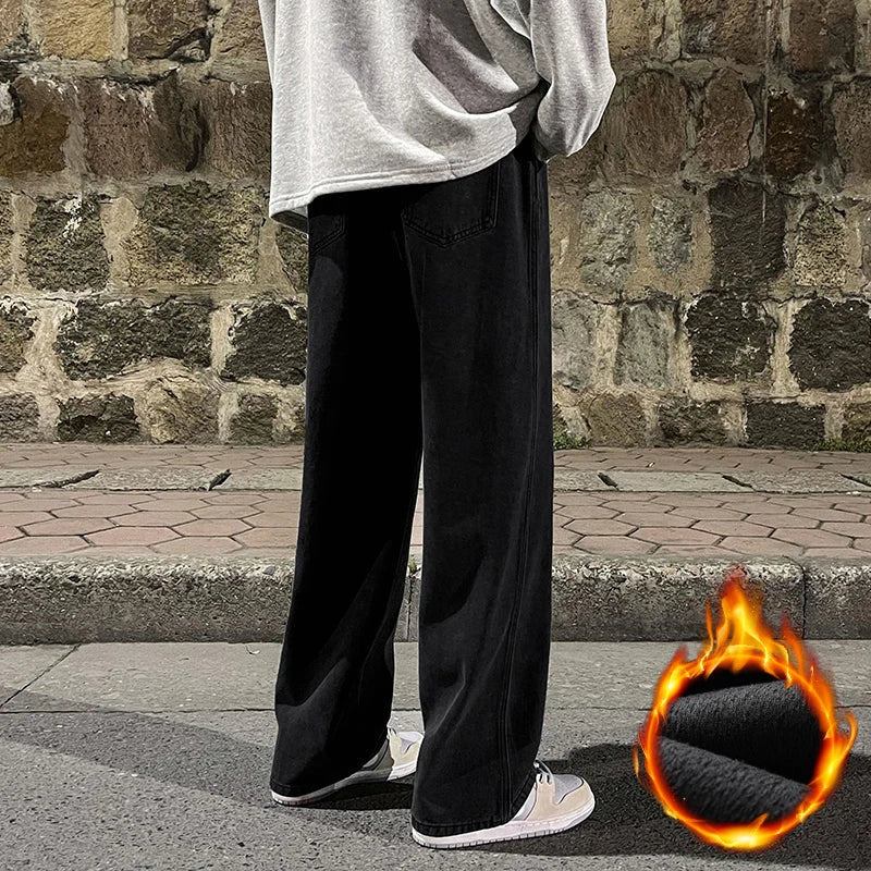 Winter Fleece Men's Baggy Wide Leg Jeans Thicken Warm Fashion Streetwear Oversized Elastic Waist Black Straight Denim Pants