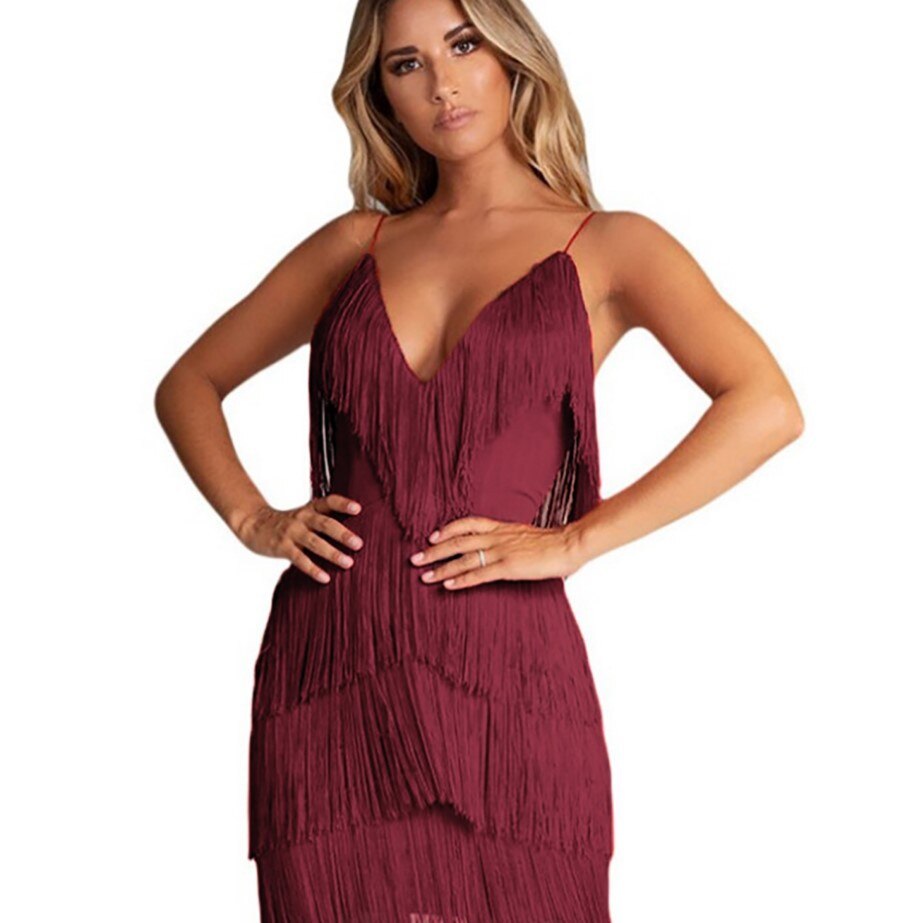 Robe d'été moulante en Patchwork, Sexy, décolleté en v profond, dos nu, franges, pompon, soirée en boîte de nuit, Mini robe de bal