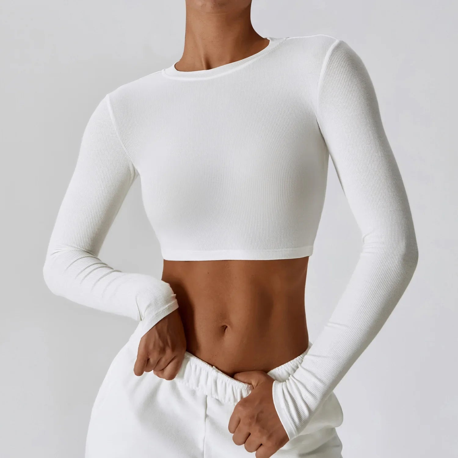 Crop Tops Women Yoga T-shirts Solid Sports Top Long Sleeve Running Shirts Sexy Exposed Navel Quick Dry Fitness Gym Workout Tops Swan White