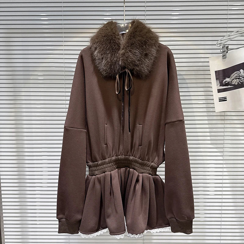 Winter New Fashion Furry Collar Loose Fleece Sweatshirt Dresses For Women Causal Loose Dress Female Trendy 11A07764 Brown One Size