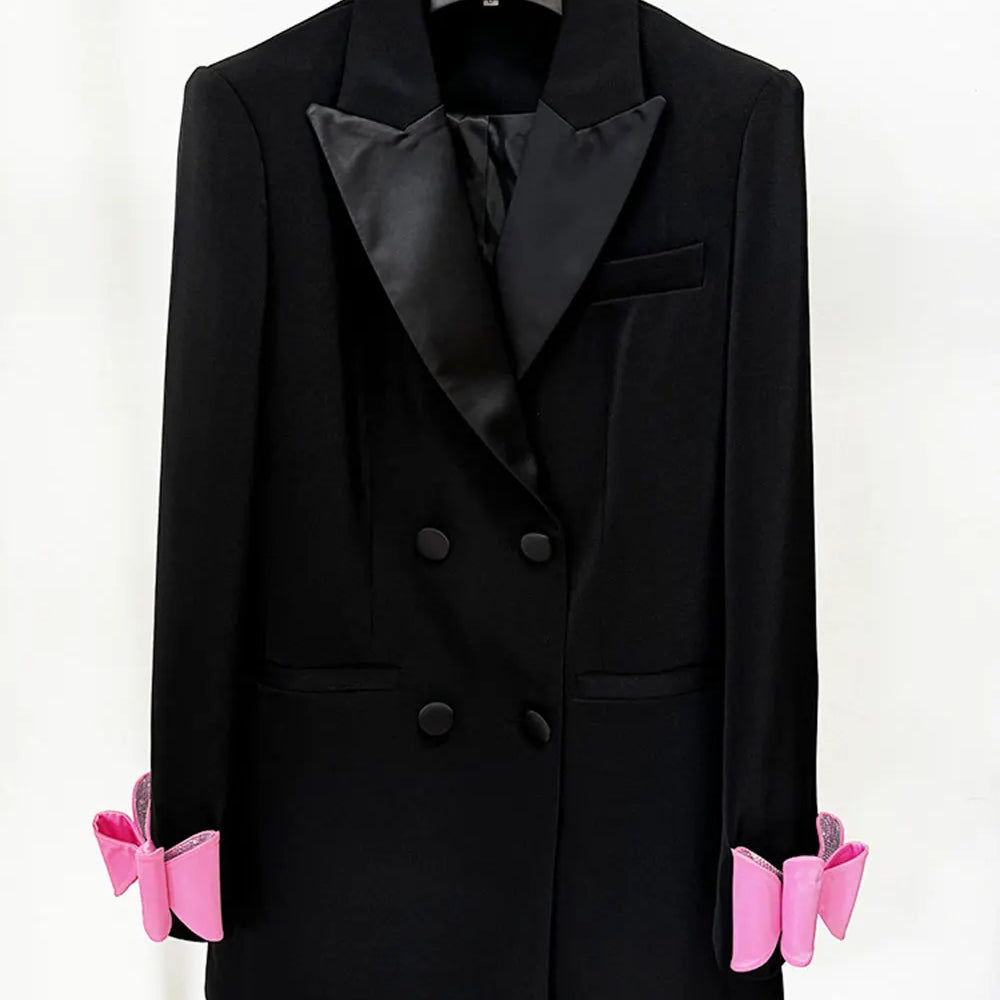 2024 Autumn Elegant Women's OL Medium length Blazer Collar Long Sleeve Double breasted Water Diamond Bow Decoration Blazer Dress