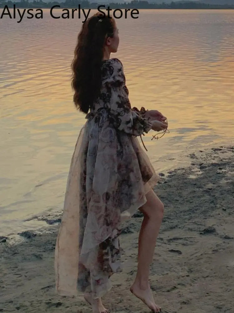 Autumn Floral Fairy Dresses for Women Luxury Designer Slim Korean Princess Dresses Female Chic Elegant Casual Party Dresses