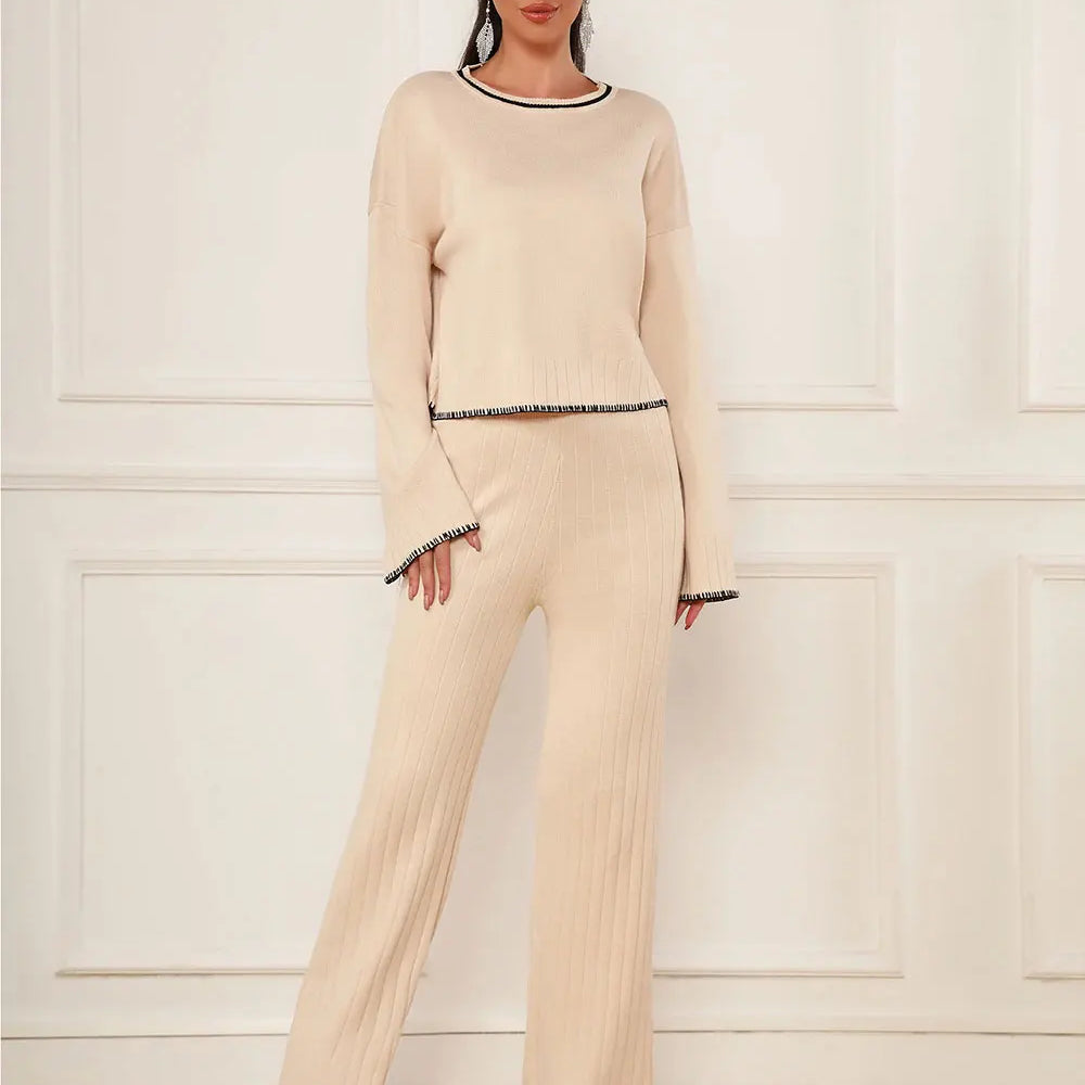 2025 Spring Casual Women's Knitted Pants Set O-neck Long Sleeve Hoodie Loose Knitted Shirt+Straight Pants Two Piece Set