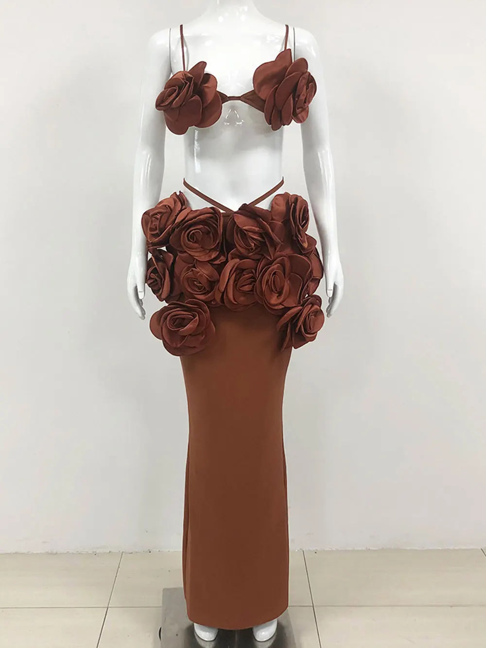 Sexy Women'S Three-Dimensional Flower Bandage Long Dress Set Spaghetti Strap Sleeveless Ultra Short Vest + Skirt Two-Piece Set Brown