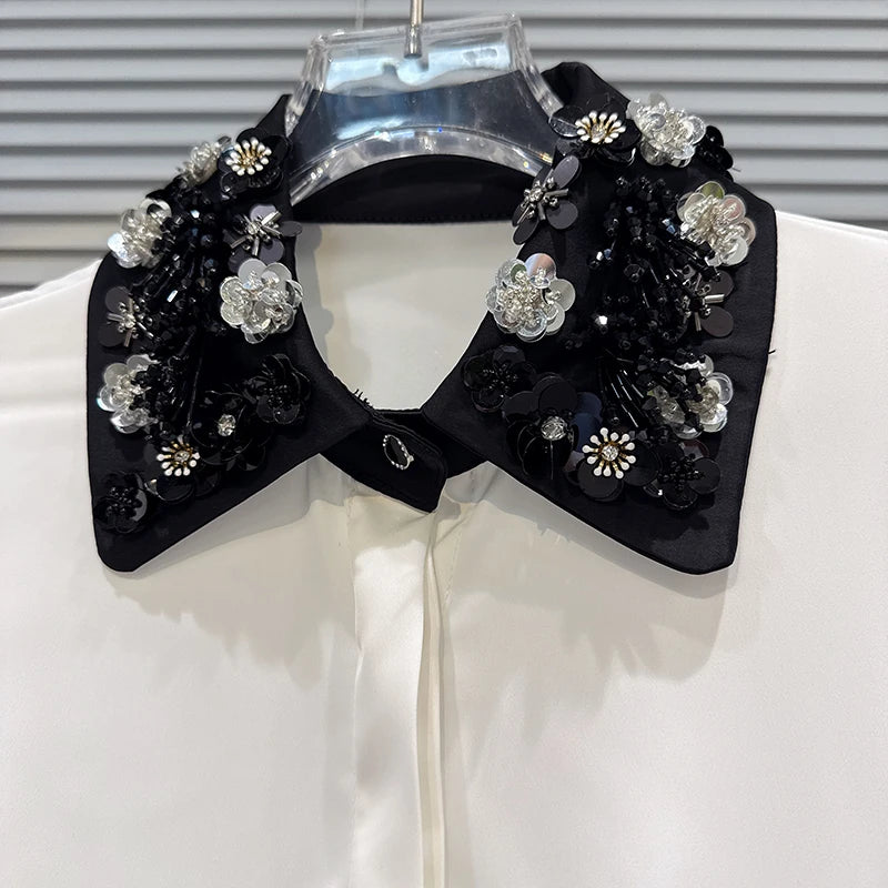 Winter New Elegant Fashion Sequin Embroidery Flower Collar Contrast Heavy Industry Shirt For Women Casual Top 11A07560
