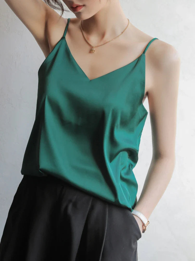 Grey Camisoles for Women Acetate SATIN Loose Summer Spaghetti Strap Tank Top Solid V-neck Fashion Sexy Backless Tanks & Camis Dark green