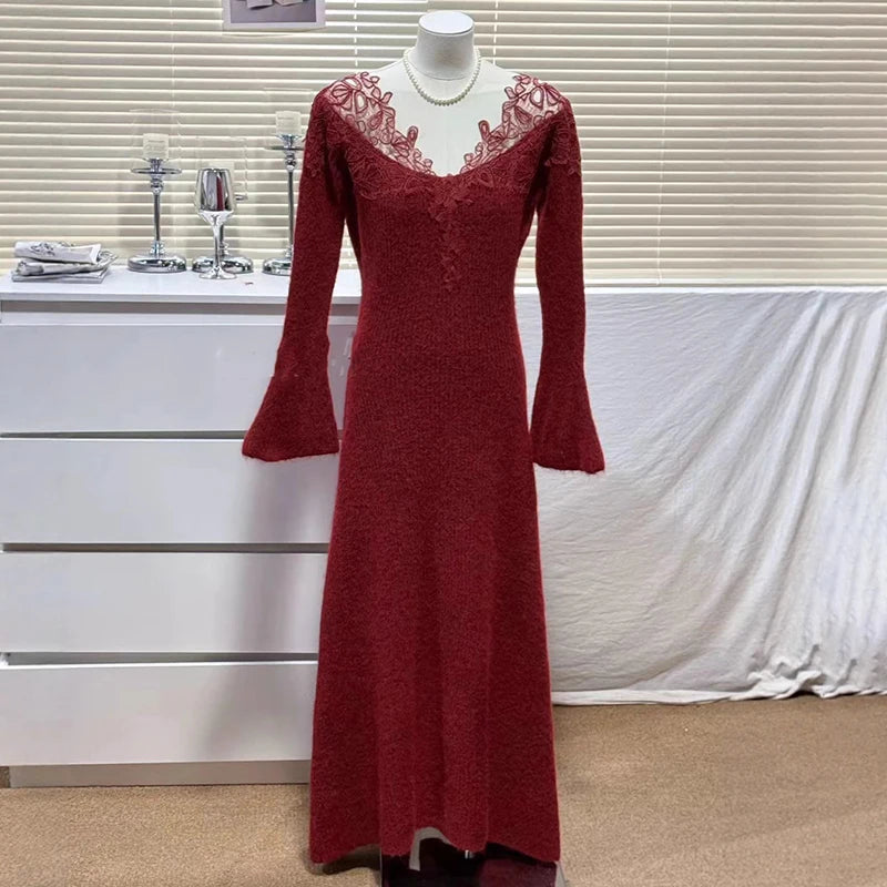 Autumn Winter New Elegant Style Lace V-neck Knitted Sweater Dresses For Women Evening Party Dress Female 11A07910 Red One Size