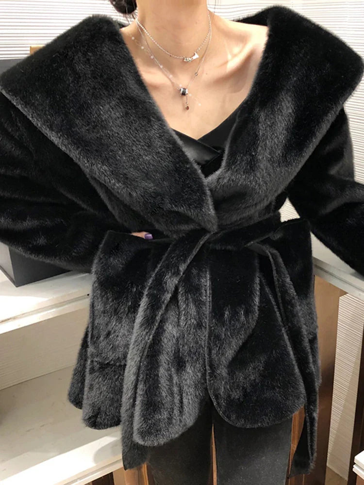 Winter Black Warm Oversized Faux Fur Cardigan Women Drop Shoulder Long Sleeve Sashes Loose Stylish Korean Fashion 2021 Black
