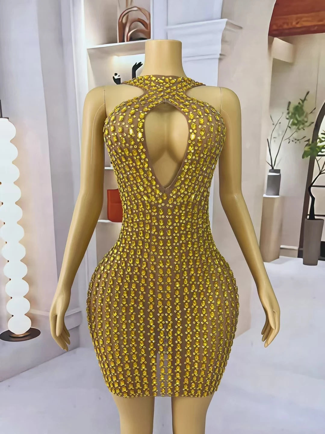 New Sexy Hollow out Mini Dress Women's Bodycon Wrap Dress Birthday Party Sparkly Golden Rhinestone Club Evening Dress liusixian