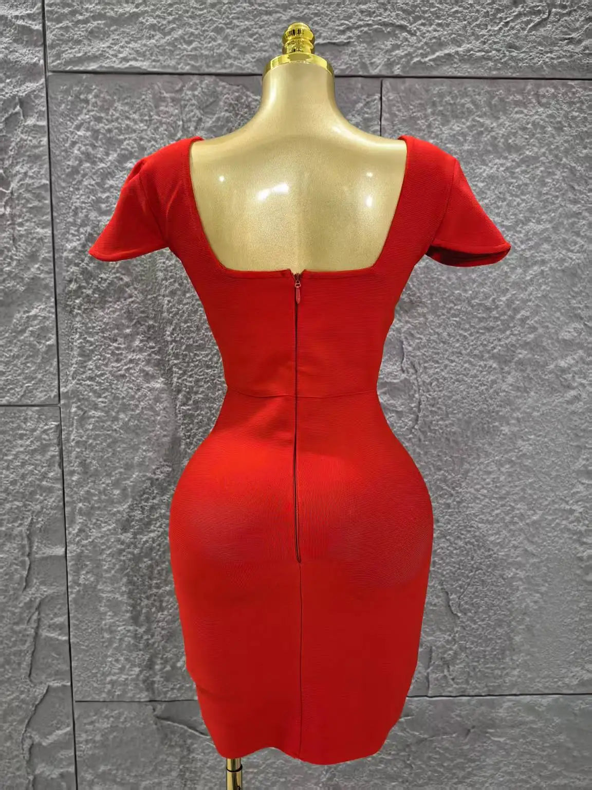 Black Red Color Women Sexy Short Sleeve Square Collar Bodycon Mini Bandage Dress Nightclub Party Celebrate Birthday Fashion Wear