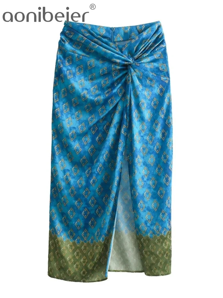 Aonibeier Thin Satin Printed Patchwork Women Long Skirt Traf Summer Zipper High Waist Slit Front Female Maxi Skirt Y2K Beachwear