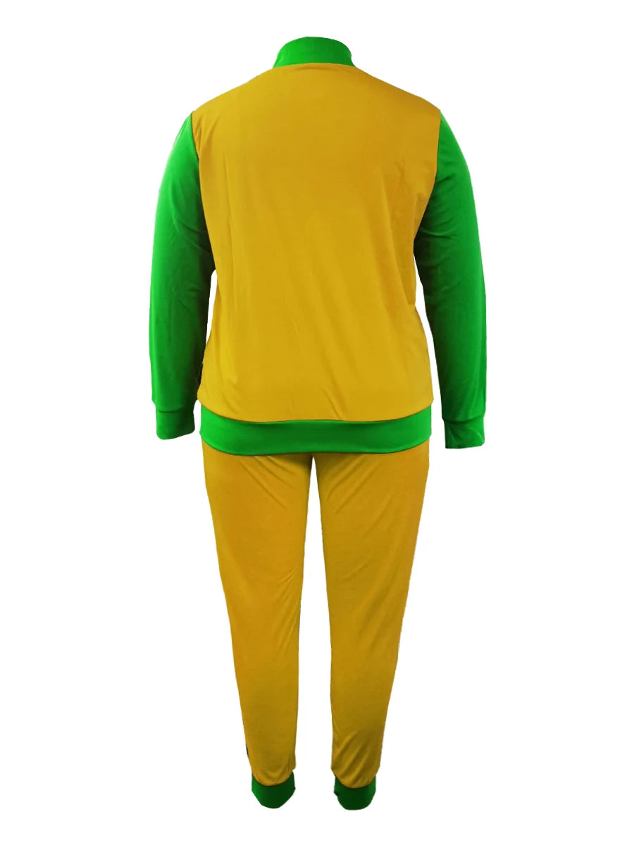 LW Plus Size Zipper Design Patchwork Pants Set Women Color Block Mandarin Collar Tracksuits Long Sleeve Two Pieces Outfits