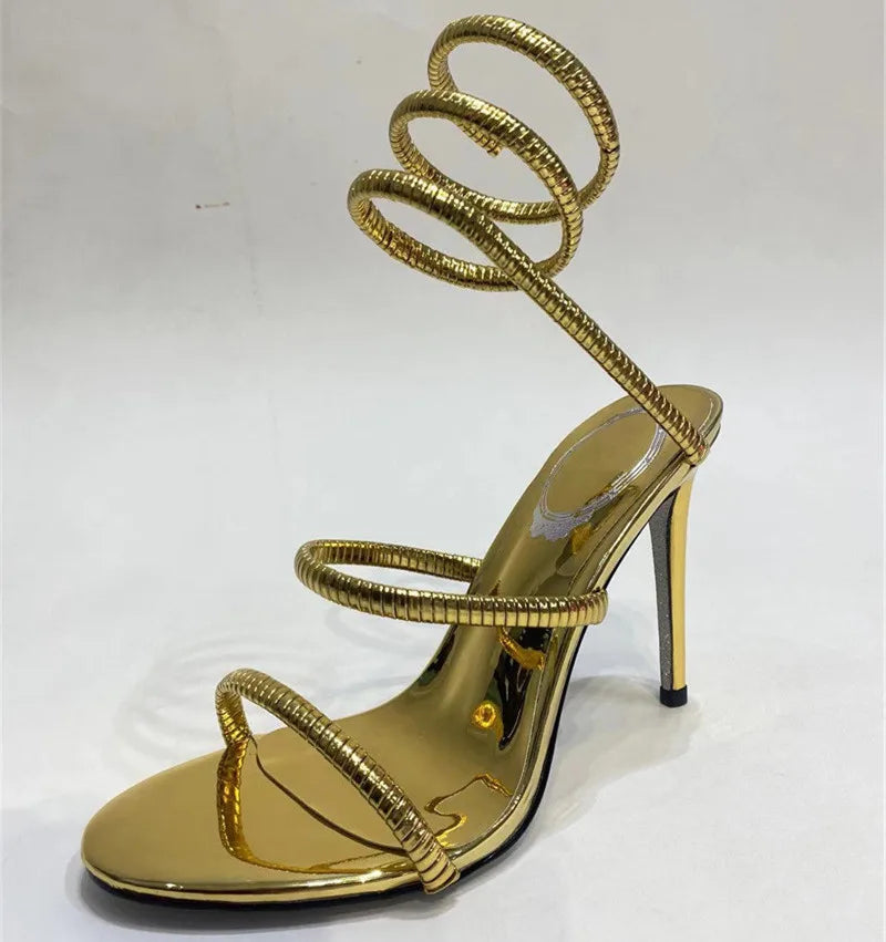 Snake Strap High Heel Sandals Women Summer 2024 Ankle Strap Banquet Party Shoes Narrow Band High Heels Ladies Gladiator Sandals Gold