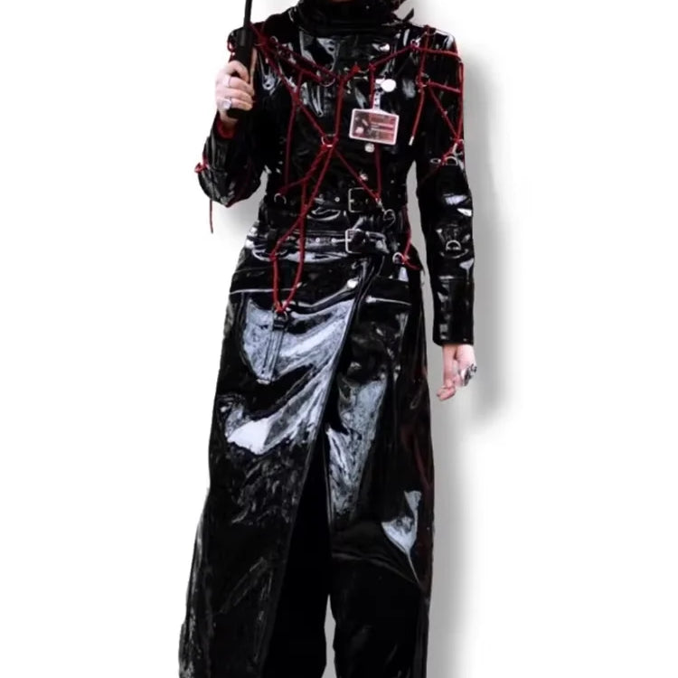 Lautaro Spring Long Cool Shiny Reflective Hard Patent Pu Leather Coat for Women Belt Luxury Designer Punk style Lace Up Clothes