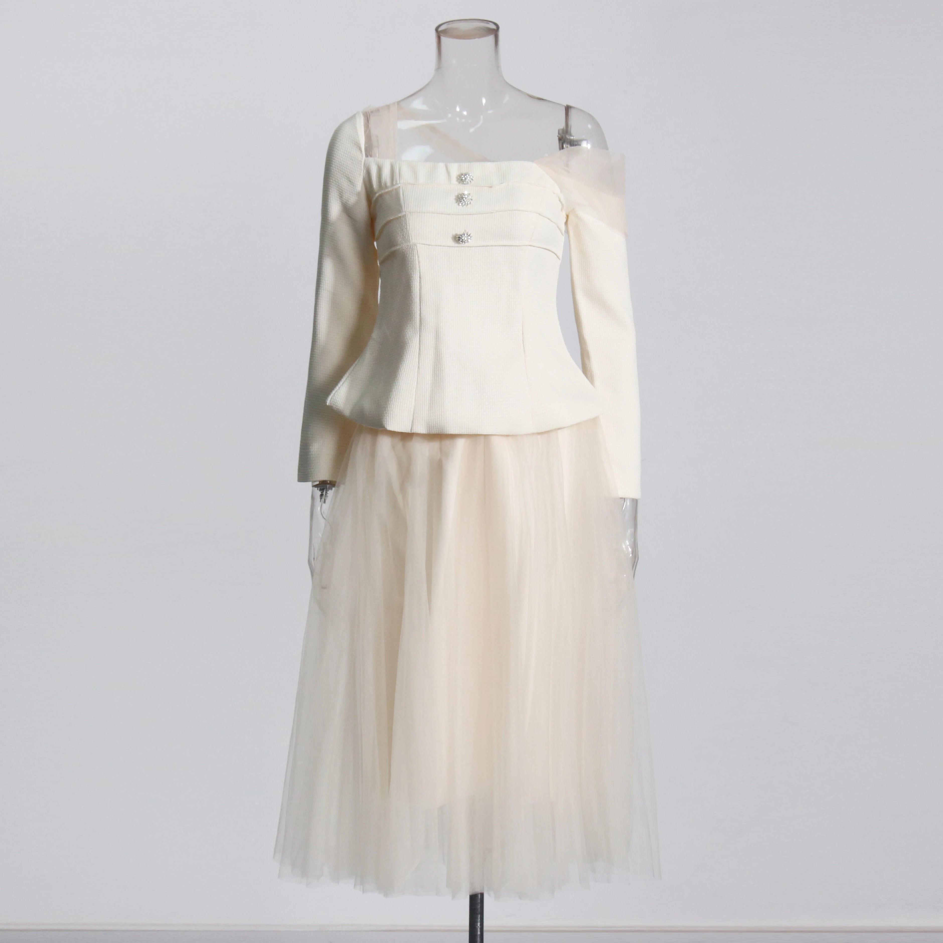 Solid Two Piece Set For Women Diagonal Collar Long Sleeve Tunic Top High Waist Pleated Skirt Elegant Sets Female