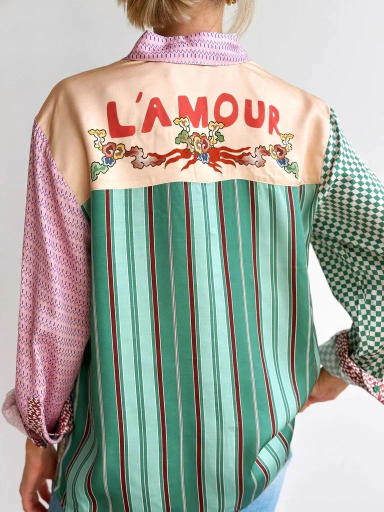 Fashion Graffiti Long Sleeve Turn-down Collar Blouse Vintage Print Graphic Shirt New Cardigan Casual Streetwear Clothing