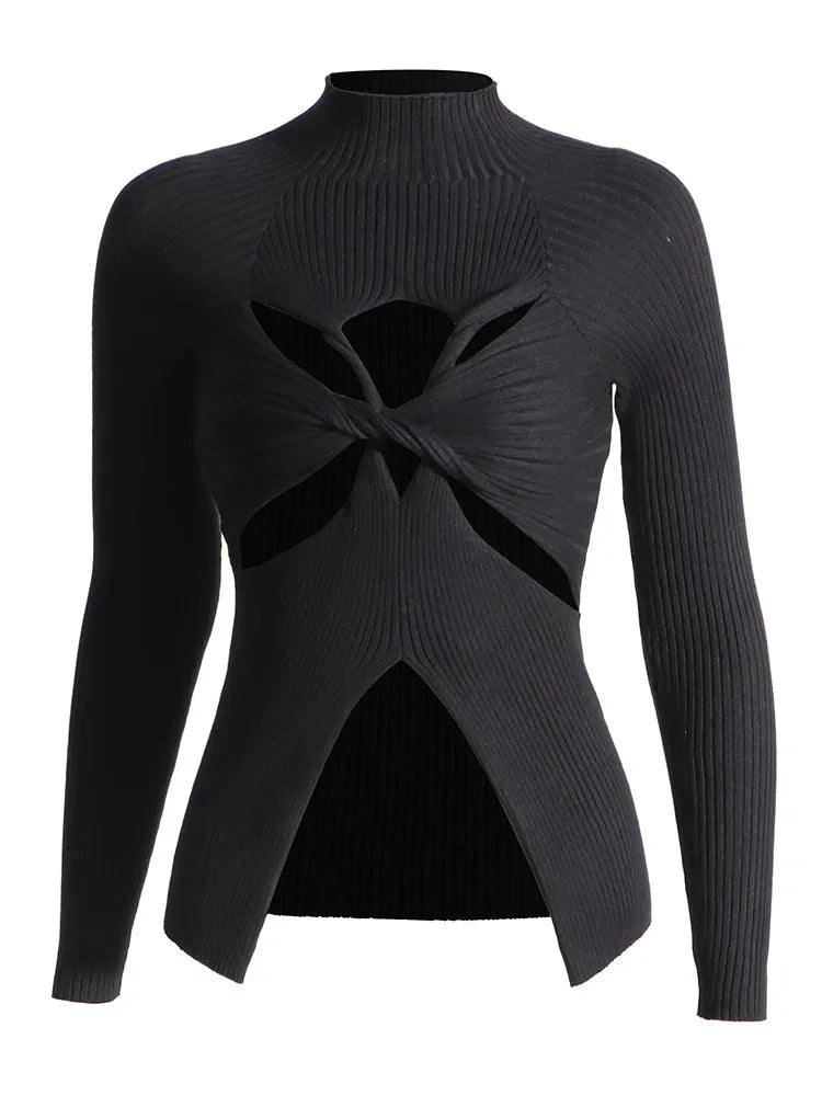 Slimming Crisscross Hollow Out Knitting Sweaters For Women Round Neck Long Sleeve Solid Casual Chic Sweater Female