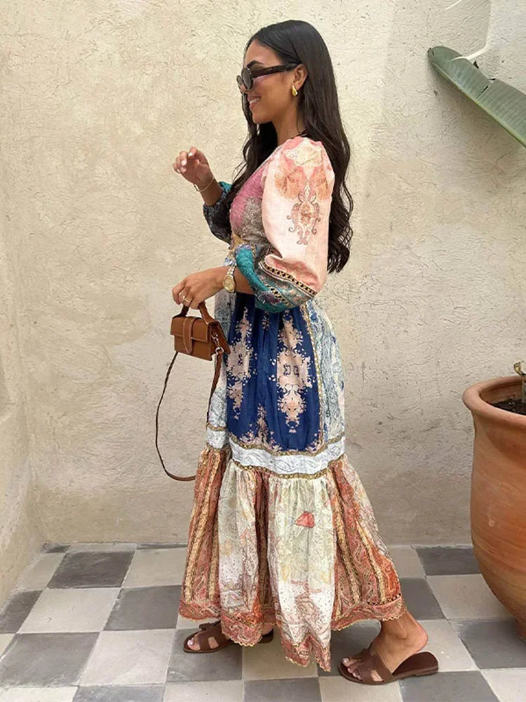 Fashion Puff Sleeve Patchwork Print Midi Dress Women Sexy V Neck High Waist Long Dresses Female Vacation Street Vestidos