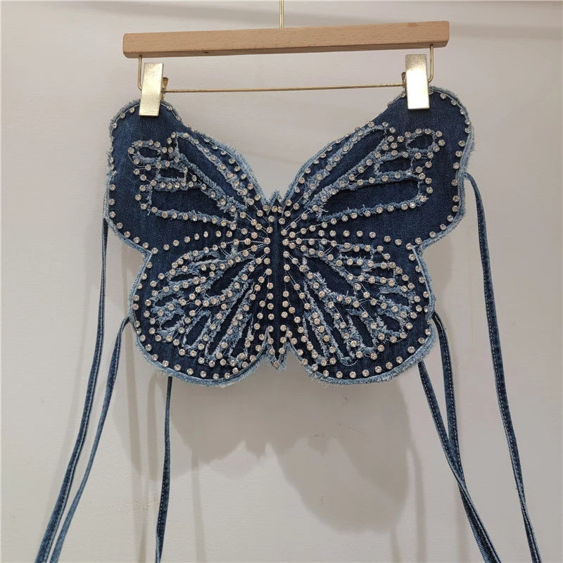 Spring Fashion New Halter Neck Strap Denim Vest For Women Backless Tie Rhinestone Butterfly Design Tank Top 11A07882 Navy Blue One Size