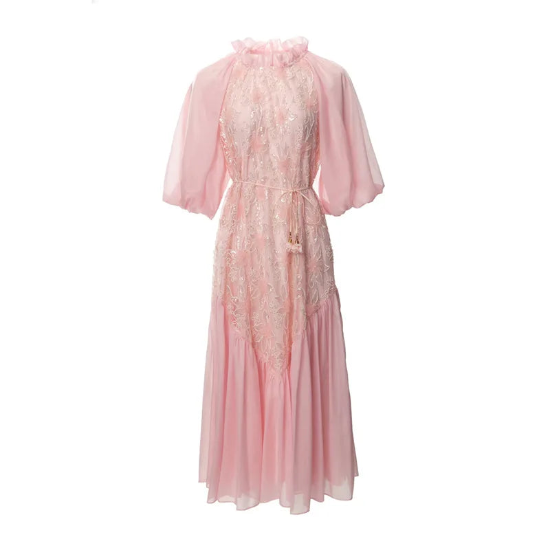 TWOTWISTYLE Solid Loose Spliced Embroidery Elegant Dresses for Women Round Neck Half Sleeves Patchwork Sequins Dress Female New PINK