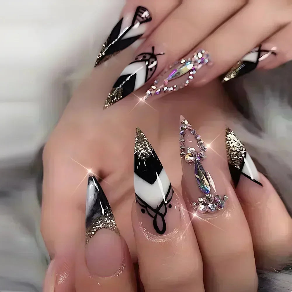 24Pc False Nails with Glue Almond Black Red Gradient Design Detachable Rhinestone Acrylic Fake Nail Long Stiletto Press on Nails 11