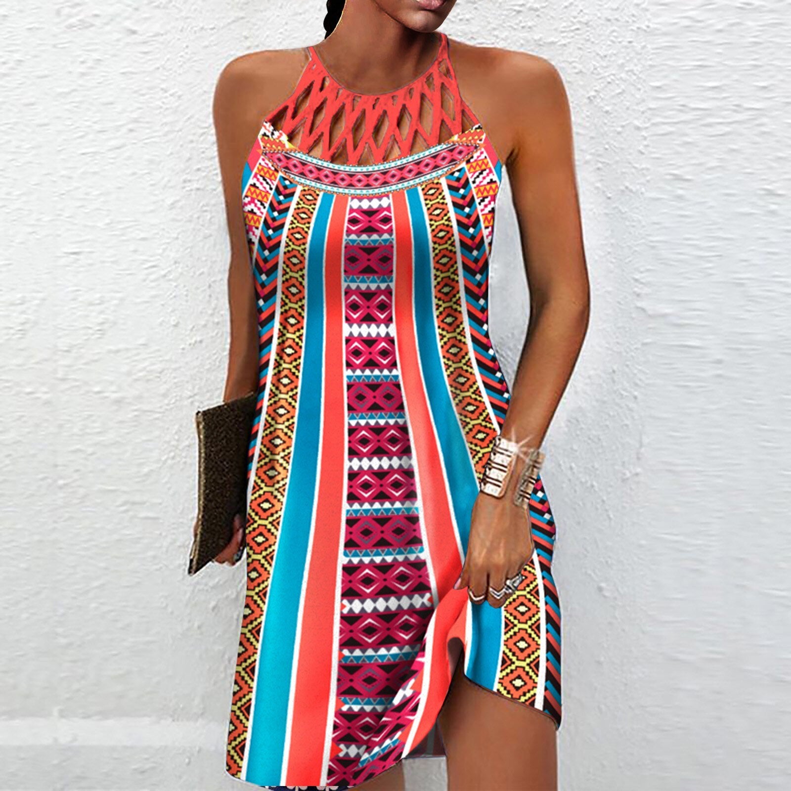 Summer Woman Vintage Tribal Print Off Shoulder V-Neck Design Casual Sleeveless Mini Boho Vacation Dress Vestido