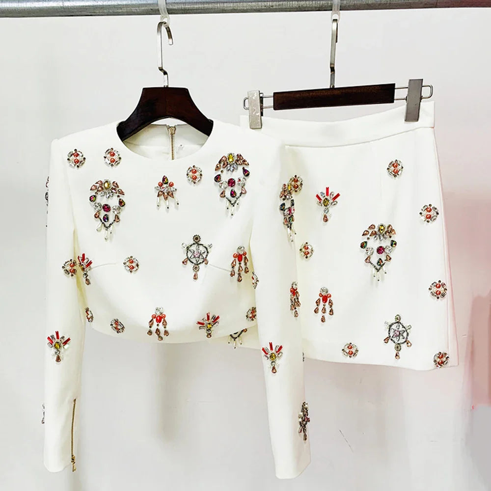 Ailigou 2023 New Autumn Women's Fashion Sexy Luxury Colorful Diamond Bead Short Top+Dress Black Two Piece Set WHITE