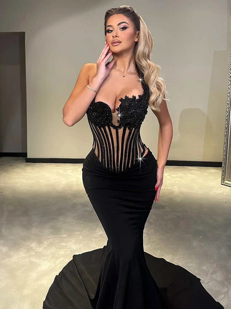 Glamorous Black Halter Sequin Flower Mesh Top Mermaid Dress for Galas Evening Gown