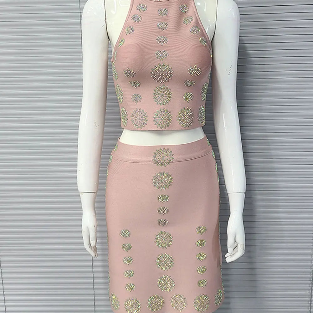 2025 Sexy Women's Hot Diamond Top+Bandage Short Skirt Sets O-neck Sleeveless Short Tank Top+High Waist Short Skirt Two Piece Set Khaki