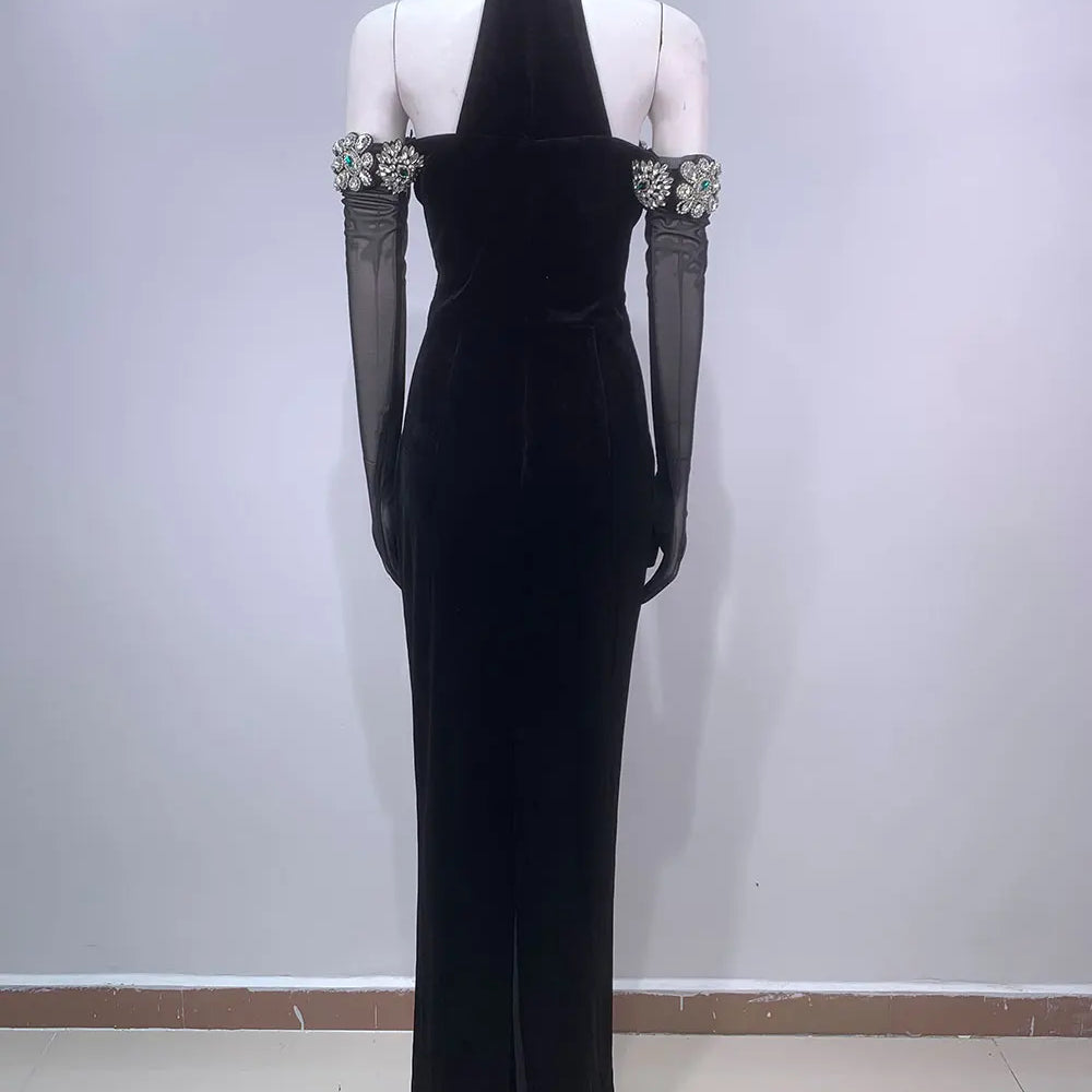 2024 Sexy Women's Heavy Industry Diamond Adorned Velvet Dress with Hanging Neck Shoulder Bodycon Transparent Gaul Gloves+Dresses