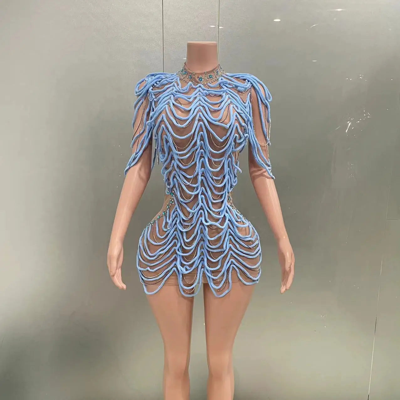 STOCK Women Sexy Mesh See Through Bodycon Mini Dress Celebrate Nightclub Party Performance Costume Stage Wear Birthday Outfit SKY BLUE