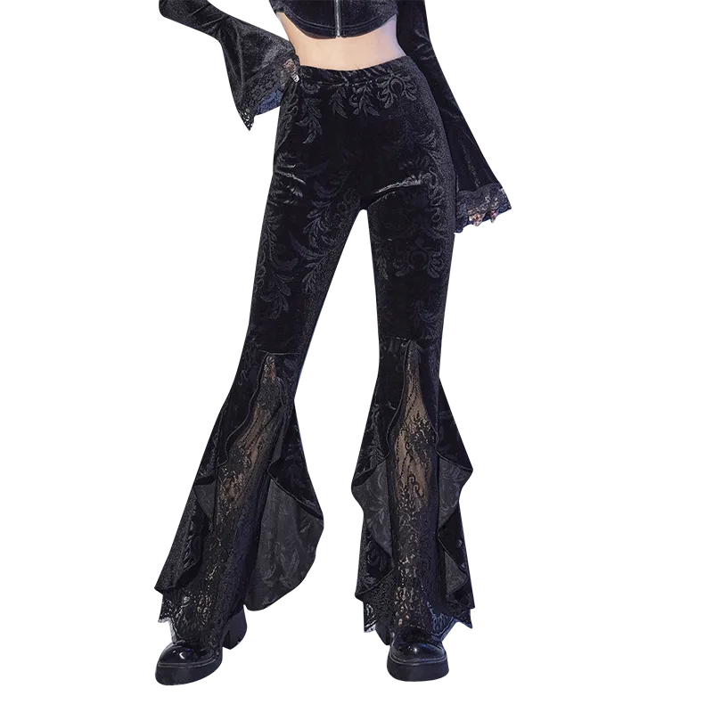 Y2K Gothic Black Lace Mesh Flared Pants Sexy Harajuku Aesthetic See Through Long Trousers Vintage Women Summer Pants Streetwear SY21359