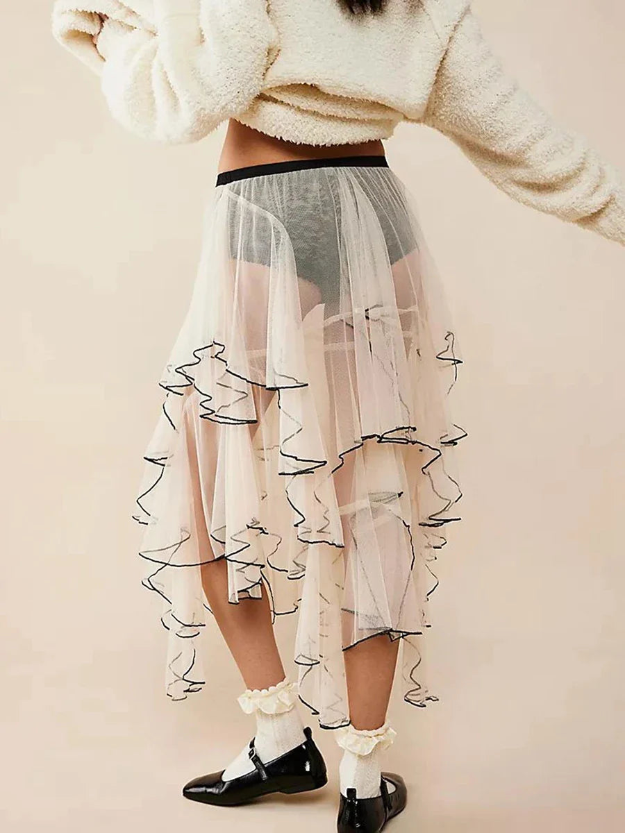 Women Lace Long Skirt Mesh Sheer High Waist Asymmetrical Hem A-line Midi Skirt Y2K Summer Beach Party Maxi Skirts Streetwear